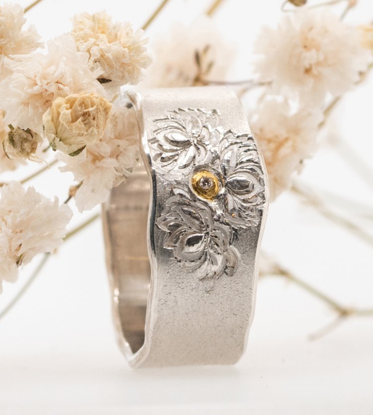 Lotus Ring Silber mit Brillant und Feingold